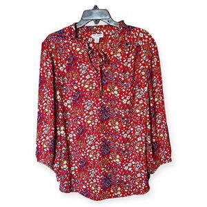 Carolina Belle Montreal Red Floral Pullover Blouse with Tie Neck Size 2X